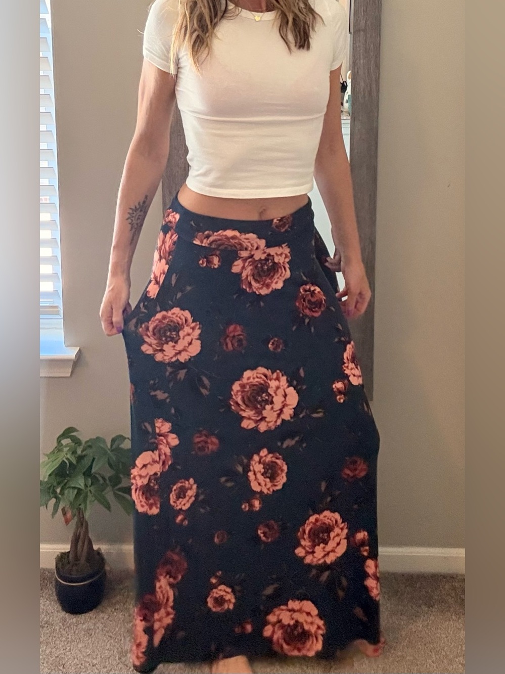 Charlotte Russe Navy Maxi Skirt with Pink Floral Print